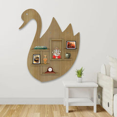 Designer Swan Shape Backlit Wooden LED Light Wall Shelf with Oak Finish