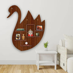 Designer Swan Shape Backlit Wooden LED Light Wall Shelf with Walnut Finish