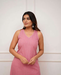 Women's Cotton Printed Sleeveless Straight Kurti With Pant Set (Sky Blue-)