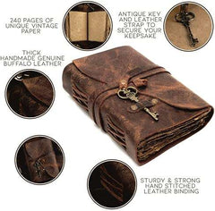 Genuine Leather Diary | Vintage Handmade Leather Journal | Premium Antique Key Closure | 200 Handmade Deckle Edge Antique Pages