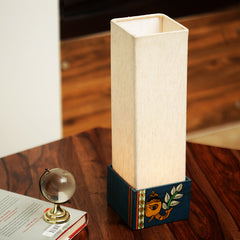 'The Blueberry Elephant' Madhubani Hand-Painted Square Table Lamp In Wood