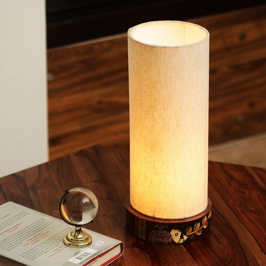 'The Brownie Elephant' Madhubani Hand-Painted Round Table Lamp In Wood