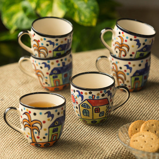 'The Hut Morning Companions' Hand-Painted Ceramic Tea & Coffee Cups (Set Of 6)