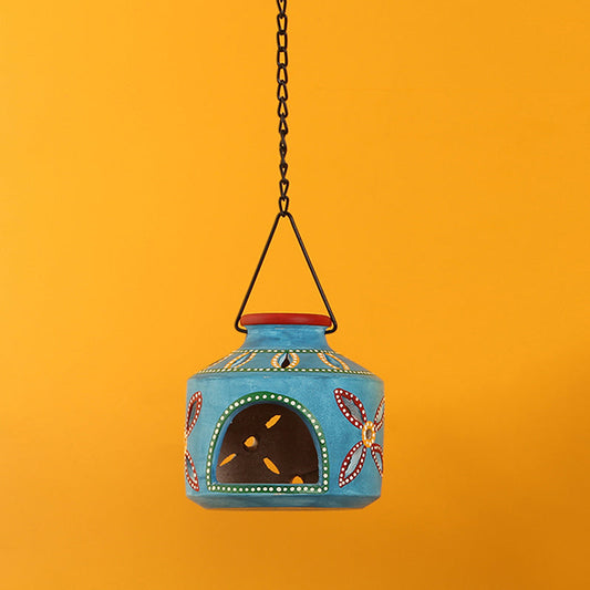 'The Glowing Matki' Terracotta Hanging Tea-Light Holder In Azure Blue