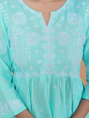 Women's Rayon Embroidered vcut Collar Anarkali Kurti with Pant (Pink)