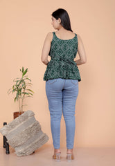 Women's Cotton Printed Sleeveless Short Flared Anarkali Top (Green-M)