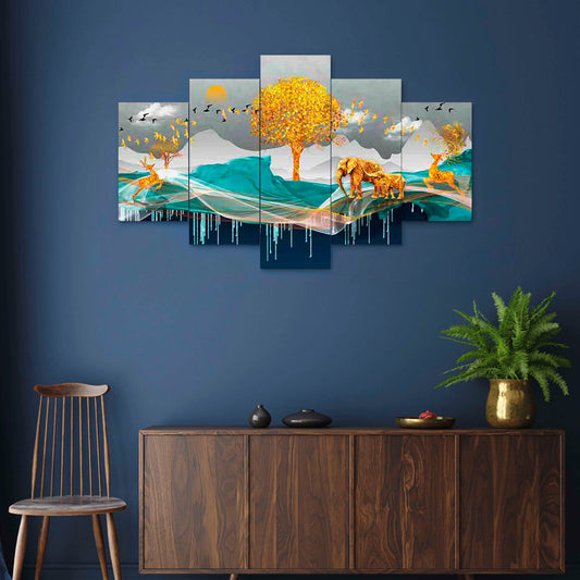 Set of Five MDF Framed 3D Wall Painting for Home Decoration, Big Size Painting for Living Room, Bedroom (24x50 inches)DR 48