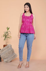 Women's Cotton Printed Sleeveless Short Flared Anarkali Top (Pink-M)