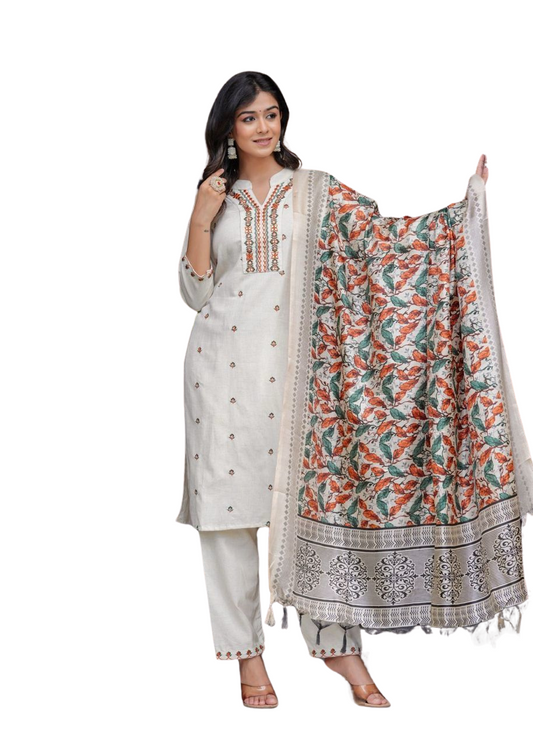 Women's Cotton Embroidered Straight Kurti With Pant and Dupatta Set