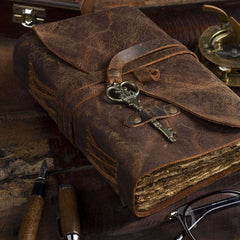 Genuine Leather Diary | Vintage Handmade Leather Journal | Premium Antique Key Closure | 200 Handmade Deckle Edge Antique Pages