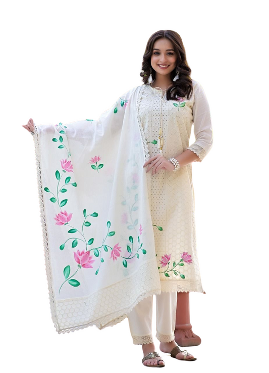 Women's Cotton Hand-Painted Chicken Shifli Straight Kurti With Pant and Mulmul Dupatta Set