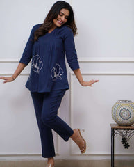 Women's Cotton Embroidered Co-ord Set 2 Piece Top Bottom Set (Navy Blue-L)