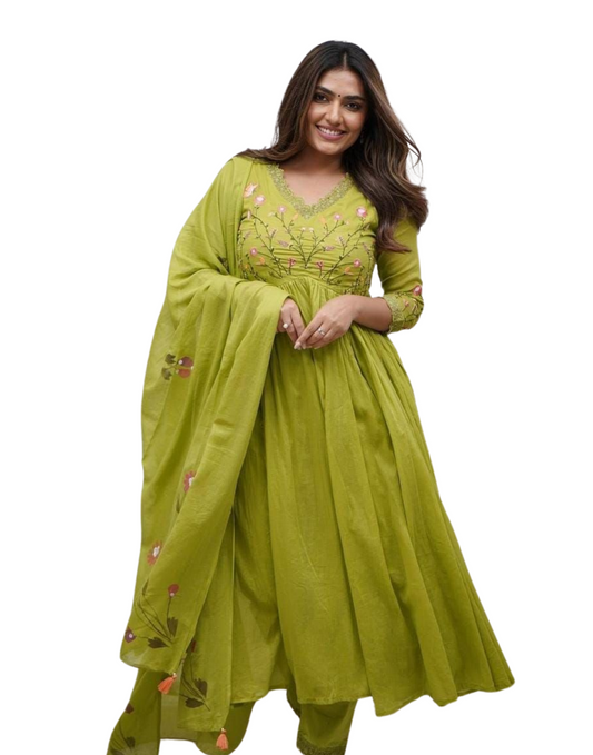Women's Cotton Embroidered Long Anarkali Kurti With Pant and Dupatta Set (Mehendi Green-L)