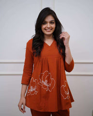 Women's Cotton Embroidered Co-ord Set 2 Piece Top Bottom Set (Orange-)