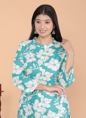 SHITAL CRAFTS Women's Cotton Floral Printed Mandarin Collar A-Line Kurti with Pant (Sky Blue)