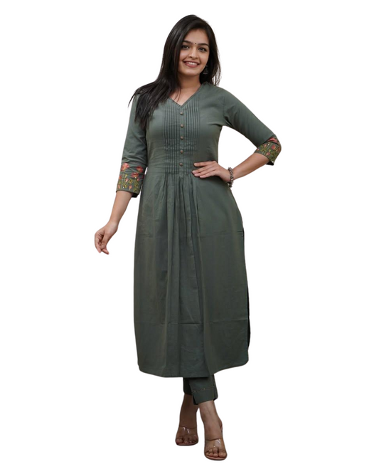 Women's Cotton a-line flared Straight Kurti With Pant