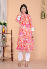 Women's Cotton Printed Mandarin Collar A-Line Kurti with Pant (Orange)