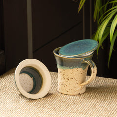 'Morning Sips' Handcrafted Studio Pottery Green Tea Filter Mug (Handcrafted, Studio Pottery, Turquoise Blue & Creamish White)