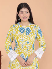 Women's Cotton Printed Mandarin Collar A-Line Kurti with Pant (Lemon)