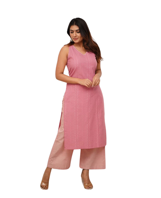 Women's Cotton Printed Sleeveless Straight Kurti With Pant Set (Sky Blue-)