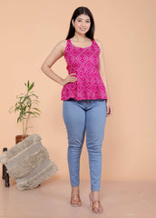 Women's Cotton Printed Sleeveless Short Flared Anarkali Top (Pink-M)