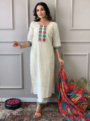 Women's Cotton Chikankari Print Straight Kurti with Pant andMulmul Dupatta Set