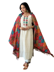 Women's Cotton Chikankari Print Straight Kurti with Pant andMulmul Dupatta Set
