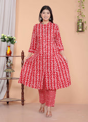 Women's Rayon Floral Printed Mandarin Collar A-Line Kurti with Trousers (Red-M)