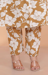 Women's Cotton Floral Printed Mandarin Collar A-Line Kurti with Pant (Brown)