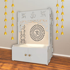 Designer Om Chakra Floor Temple with Spacious Wooden Shelf & Inbuilt Focus Light- White Finish