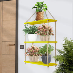 Planter Shelf Wooden Wall Hanging with Rope (Yellow Color)