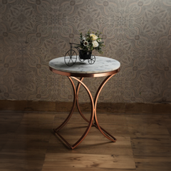 Premium Copper Metal Finish Coffee Side Table with Marble Top