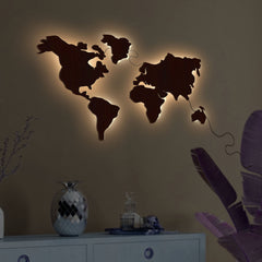 World Map Backlit Wooden Wall Decor with LED Night Light Walnut Finish