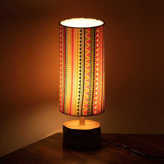 'Vibrant Hues' Handcrafted Round Table Lamp In Mango Wood (35.6 cm)