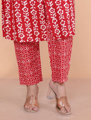 Women's Rayon Floral Printed Mandarin Collar A-Line Kurti with Trousers (Red-M)