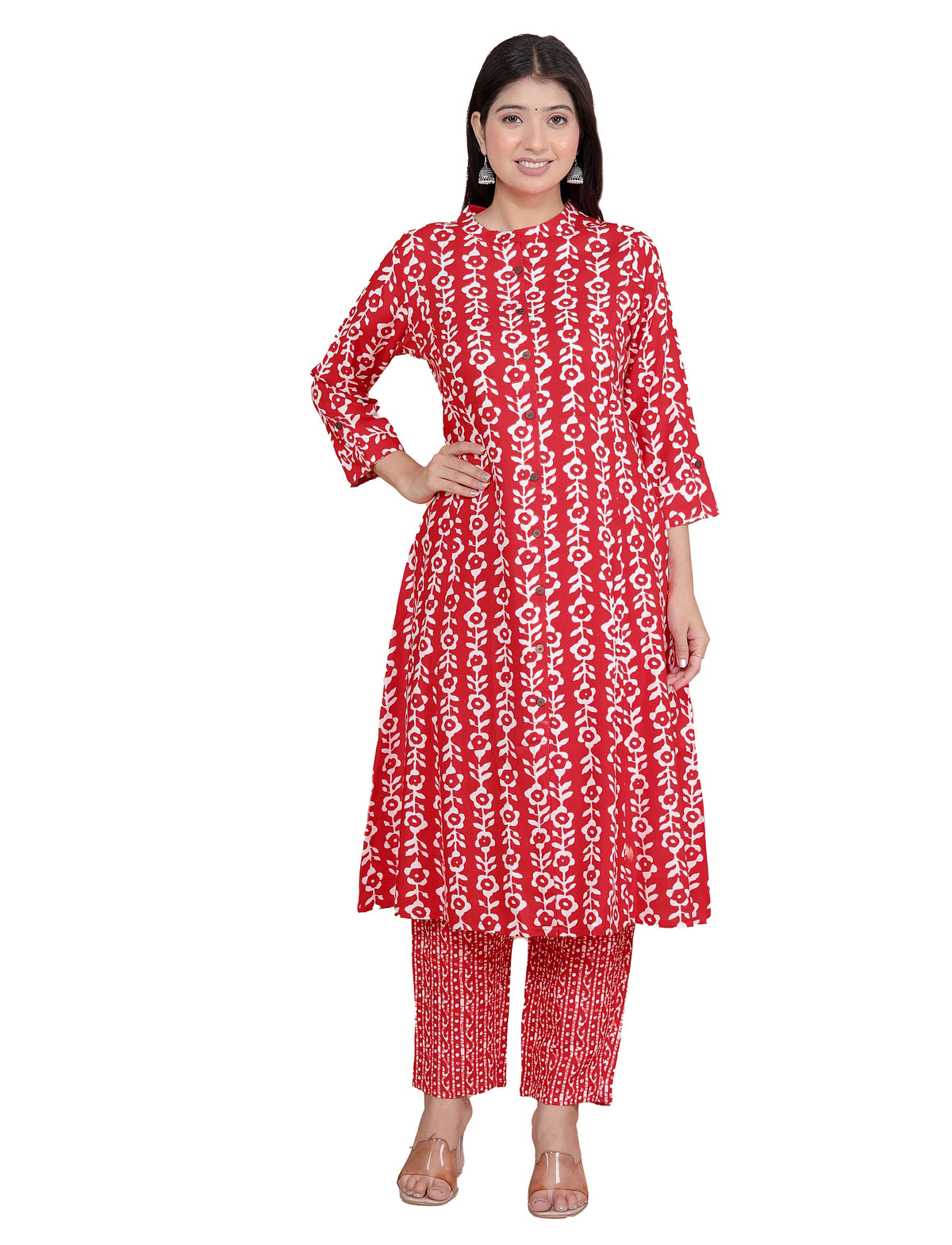 Women's Rayon Floral Printed Mandarin Collar A-Line Kurti with Trousers (Red-M)