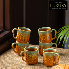 Peacock Boulevard' Hand-Engraved Ceramic Coffee & Tea Cups (Set of 6 | 180 ML | Microwave Safe)