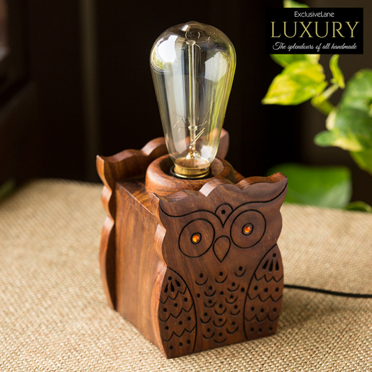'Bright Night Owl' Table Lamp With Hand Carved Owl Motif In Sheesham Wood