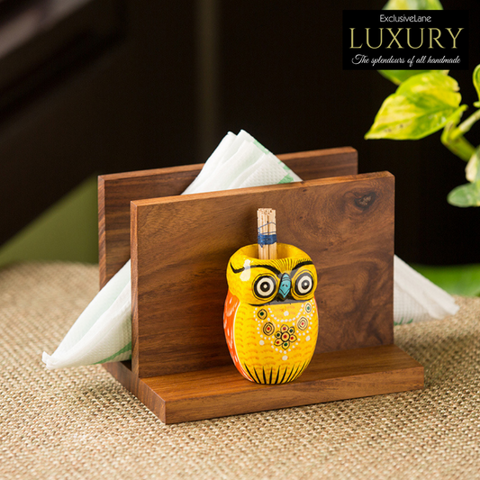 'An Owl's Vibrance' Tissue Toothpick Holder In Sheesham & Gular Wood