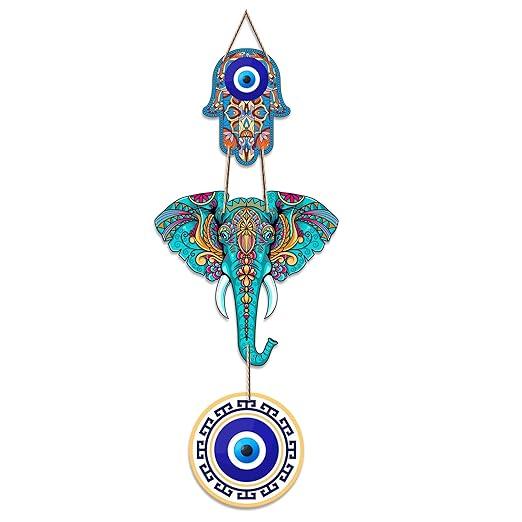 Designer Elephant Wooden Wall Hanging for Home Decor | Hamsa Hand Decoration for Livingroom | Modern Artworks Items | Peace Charm Door Accent Decorative Hangings (WH_8506N)