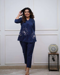 Women's Cotton Embroidered Co-ord Set 2 Piece Top Bottom Set (Navy Blue-L)