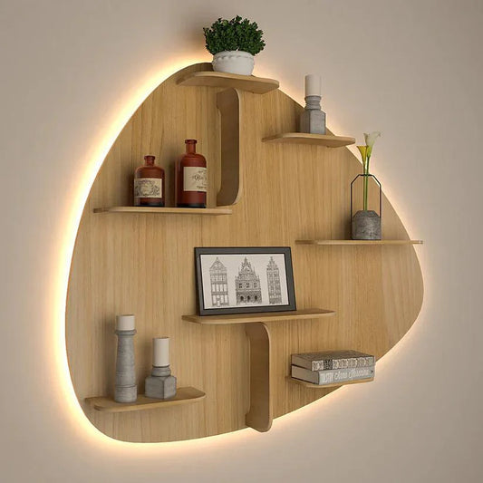 Abstract Shape Backlit Designer Wooden Wall Shelf / Book Shelf / Night Light, Light Oak Finish