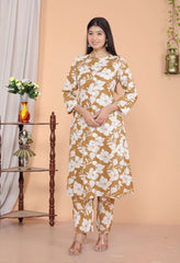 Women's Cotton Floral Printed Mandarin Collar A-Line Kurti with Pant (Brown)