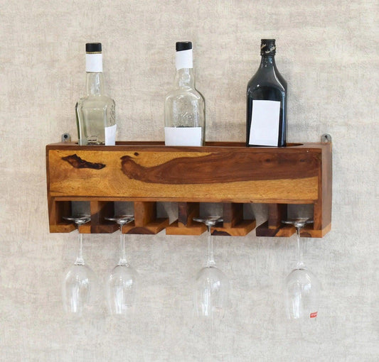 Yellow Natural Decorative Teak Wood Wall Mounted Mini Bar Shelf