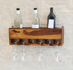 Yellow Natural Decorative Teak Wood Wall Mounted Mini Bar Shelf