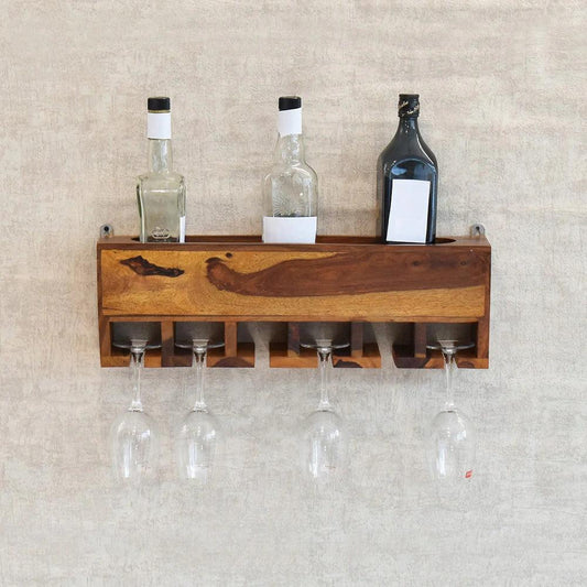 Yellow Natural Decorative Teak Wood Wall Mounted Mini Bar Shelf