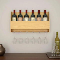 Premium Look Backlit MDF Wooden Mini Bar Wall Shelf in Light Oak Finish