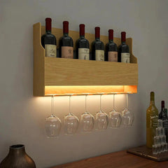 Premium Look Backlit MDF Wooden Mini Bar Wall Shelf in Light Oak Finish