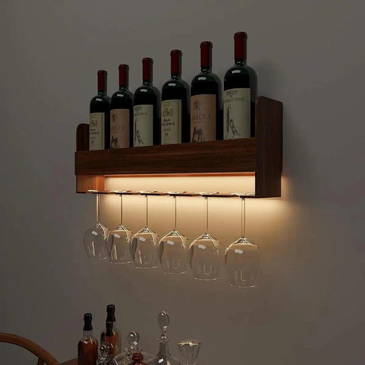 Premium Engineered Wood Backlit Design Mini Bar Shelf in Walnut Finish