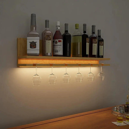 Aesthetic Backlit Look MDF Wooden Mini Bar Shelf in Light Oak Finish